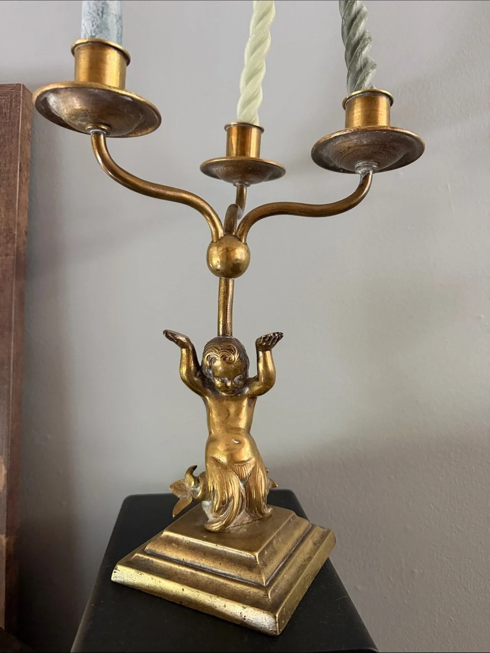 Vintage Brass Gold Cherub 3-Arm Candle Holder candelabra antique